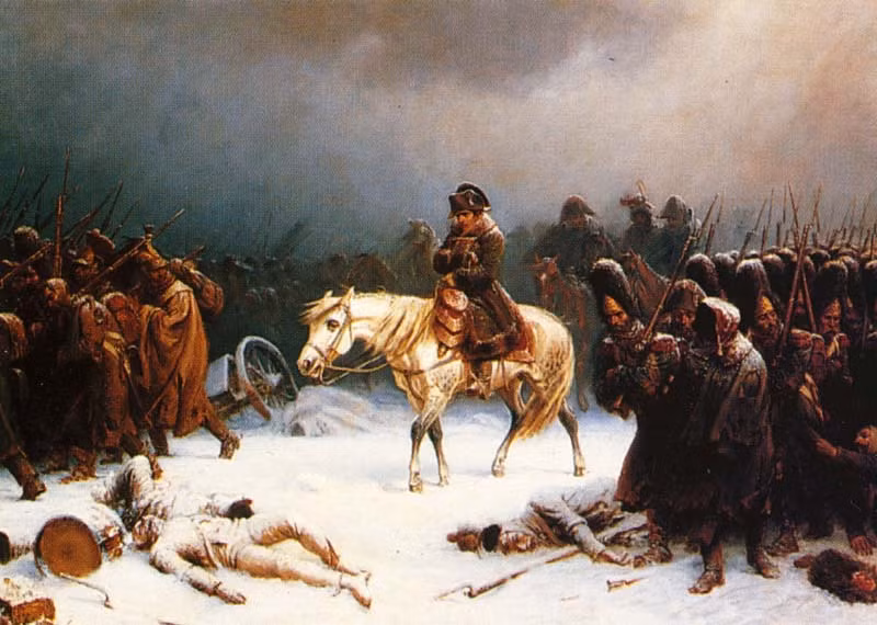 Hình ảnh đội quân thất trận của Napoleon rút lui giữa tuyết trắng ở nước Nga trong thế kỷ 19. Nguồn ảnh: Museum.