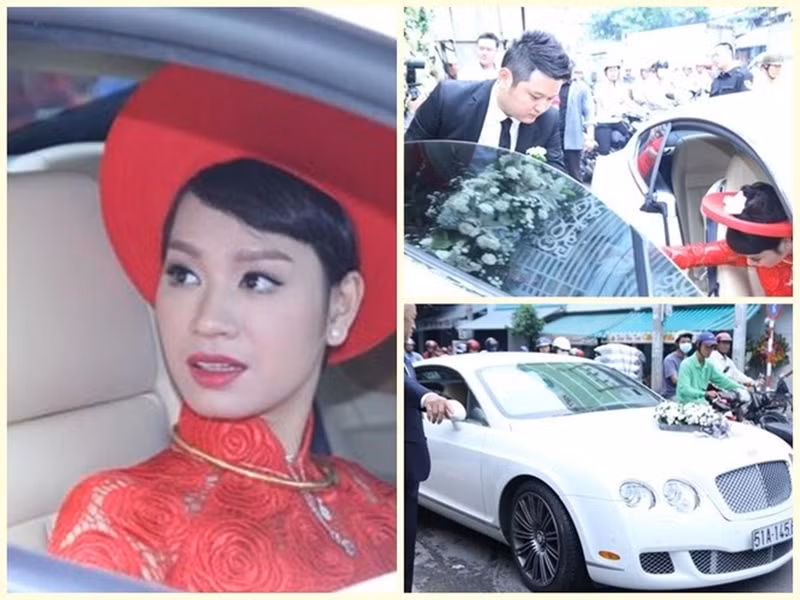 Trong đám cưới ngày 14/6/2014, Trà My Idol mặc áo dài đỏ truyền thống bước lên chiếc xe trắng hơn 10 tỷ đồng. Ông xã của nữ ca sĩ là Tô Văn Đức - người sở hữu nhiều siêu xe, hệ thống nhà hàng, quán karaoke hạng sang tại TP.HCM. Ảnh: Khám Phá.