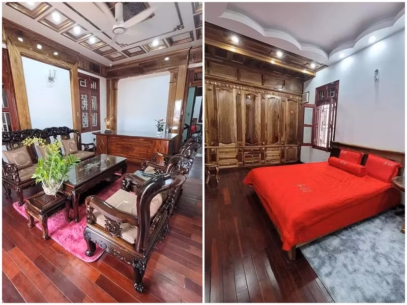 Bên trong biệt thự là nội thất đồ gỗ chạm trổ hoa văn bắt mắt. Ảnh: Bảo Vệ Công Lý.