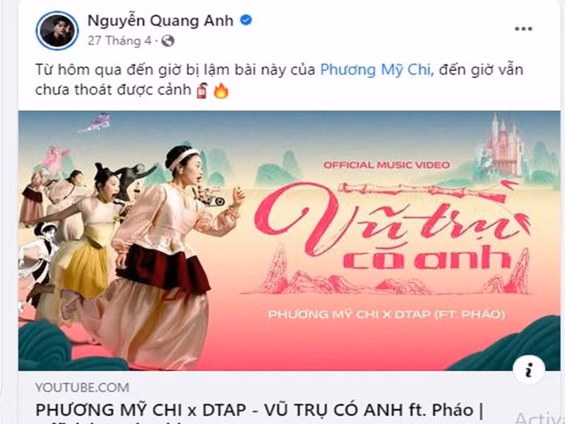 Tháng 4 vừa qua khi Phương Mỹ Chi ra MV mới, Quang Anh công khai ủng hộ dự án của cô bạn thân. Ảnh chụp màn hình.
