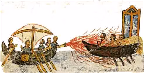 Ngọn lửa Hy Lạp là vũ khí được biết đến nhiều của đế chế Byzantine. Vũ khí nguy hiểm này được sáng chế vào thế kỷ 7 sau Công nguyên. Một số tài liệu viết về việc quân đội của đế chế Byzantine sử dụng ngọn lửa Hy Lạp để ném về phía kẻ thù trong trận thủy chiến.