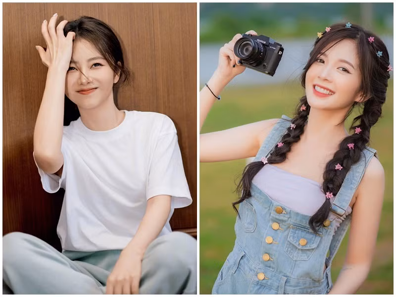 Ngọc Huyền và nữ chính bản gốc đều dễ dàng nhập vai học sinh bởi cả hai sở hữu khuôn mặt baby, vóc dáng nhỏ nhắn. Ảnh: Weibo Đàm Tùng Vận, FB Ngọc Huyền.