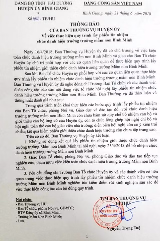 Hai Duong: Truong ban to chuc huyen uy bi to lay phieu tin nhiem 
