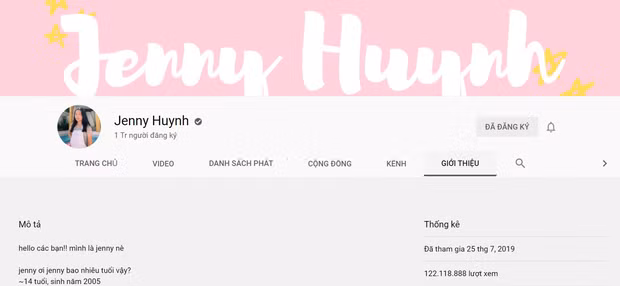 Mới đây nhất, Jenny Huỳnh vừa khoe kênh riêng chạm mốc 1 triệu lượt subscribers và 122 triệu lượt xem. Đây là thành tích đáng ngưỡng mộ bởi kênh của cô bạn mới chỉ thành lập được hơn nửa năm trở lại đây.