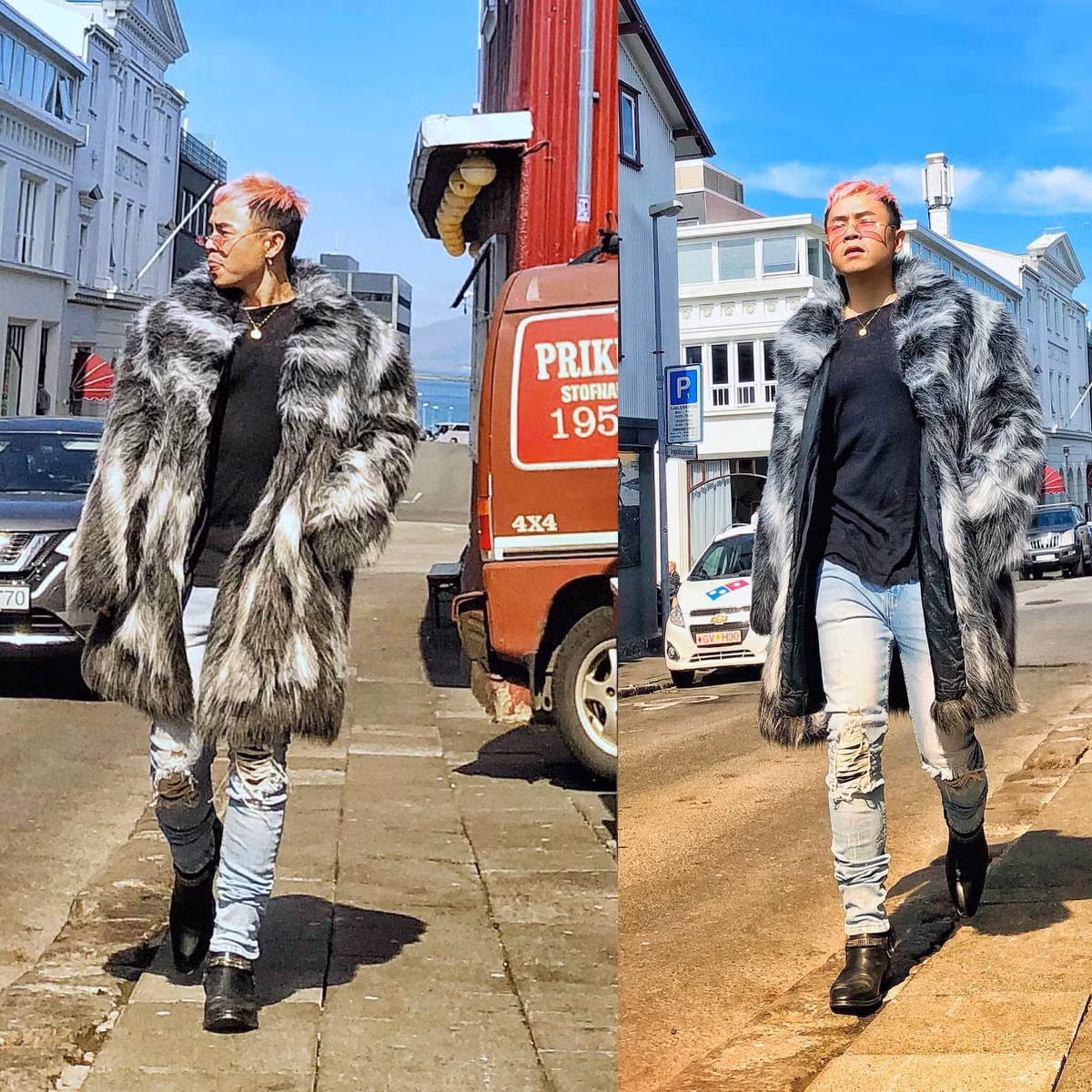 Phong cách đậm chất hiphop với jeans rách mix cùng áo lông bao chất.