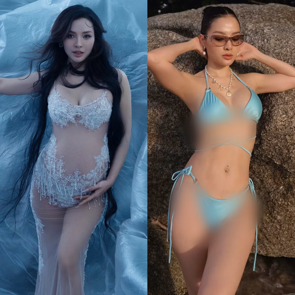 Đi kèm với đó là bức ảnh cô với vòng bụng bầu vượt mặt, tạo nên sự đối lập rõ rệt và làm nổi bật sự nỗ lực thay đổi vóc dáng của bà mẹ ba con. Ảnh: FB Phương Trinh Jolie