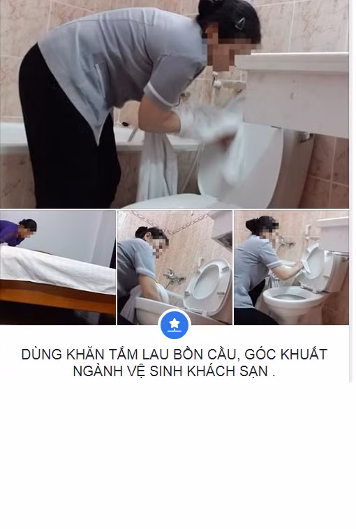 Theo thông tin mới nhất đăng trên báo Tuổi Trẻ, những chiếc khăn tắm trắng tinh khôi mọi người vẫn hay dùng trực tiếp trong sinh hoạt tại nhà nghỉ hầu hết đều được dùng để lau bồn cầu. Lau xong bồn cầu thì khăn tắm tiếp tục được dùng làm công cụ để lau tiếp ly súc miệng, lau gương, thành giường. (Nguồn ảnh: Facebook)
