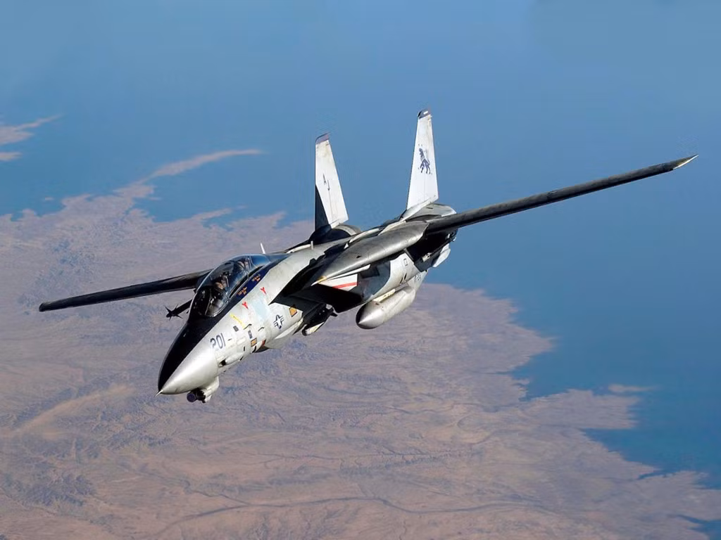 F-14 Tomcat. Tiêm kích trên hạm nặng nhất của Hải quân Mỹ với trọng lượng cất cánh hơn 33 tấn. F-14 hoạt động với vai trò chiếm ưu thế trên không và đánh chặn hải quân tầm xa. Thiết kế cánh cụp - cánh xòe cho phép máy bay hoạt động hiệu quả ở độ cao thấp trên mặt nước và đất liền. Ảnh: Hải quân Mỹ.