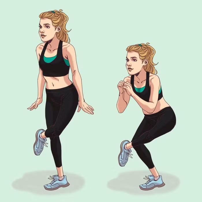 1. Squats gác chân - Đứng thẳng, hai tay để hai song song cơ thể. Gác một chân lên đầu gối chân còn lại, lúc này cơ thể trong tư thế ngồi xổm. - Lưu ý, không đổ người về phía trước, giữ thẳng lưng để làm căng cơ mông. - Mỗi chân thực hiện 15 lần.