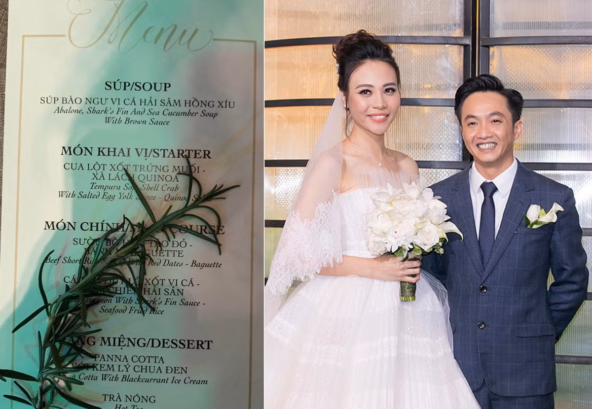 Hai vợ chồng Đàm Thu Trang và Cường Đô La lựa chọn thực đơn tiệc cưới gồm nhiều món đắt đỏ, cầu kỳ, kết hợp Đông - Tây để phục vụ khách mời và người thân, bạn bè. Thực đơn gồm 4 món mặn, một món tráng miệng, kèm trà nóng. Nguyên liệu chế biến đều thuộc loại thực phẩm xa xỉ như bào ngư vi cá, cua, cá tầm...