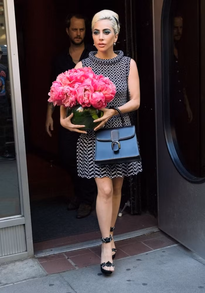 Lady Gaga chọn cho mình chiếc đầm ngắn nhấn nhá những hoạ tiết hình học ấn tượng được lấy cảm hứng từ thập niên 60 và phối cùng túi xách tay kiểu dáng đơn giản của Delvaux.