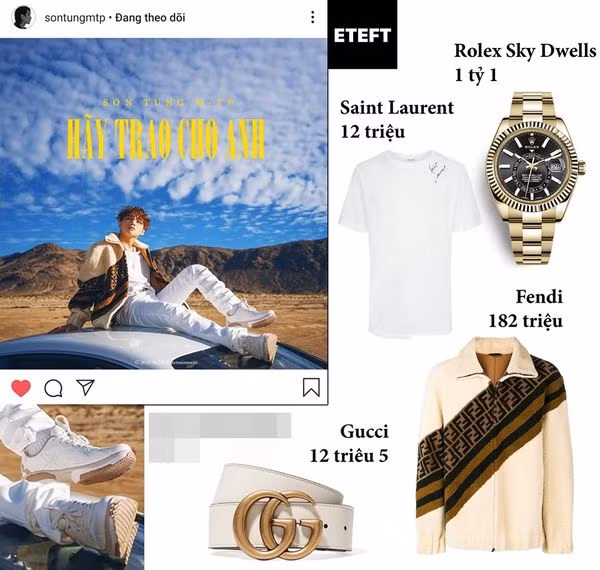 Set đồ trên poster quảng bá MV của Sơn Tùng gồm áo phông Saint Laurent, quần bò trắng, áo jacket lông Fendi, thắt lưng Gucci, giày một thương hiệu nội địa và đắt giá nhất là đồng hồ Rolex Sky Dwells vàng trắng. Ảnh: FBNV.