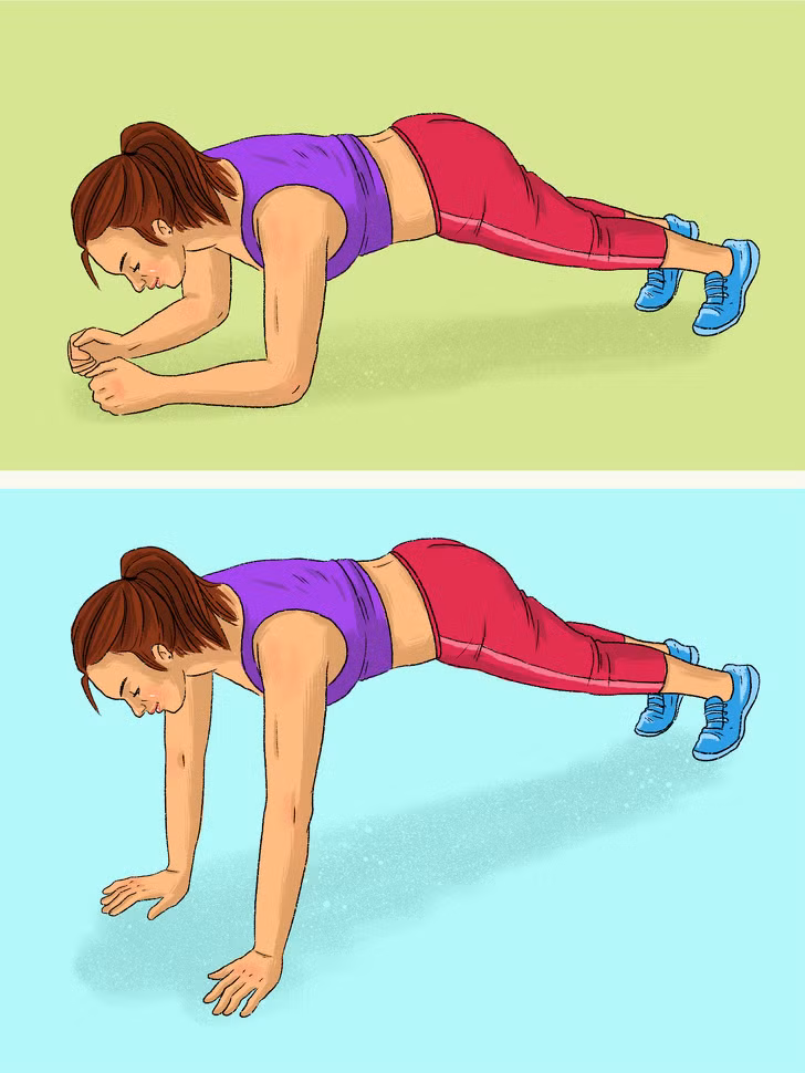 Plank chống khuỷu tay: Bài tập này tác động vào cơ lưng, cơ bụng, giúp làm thon gọn bắp tay. Ở tư thế plank, lần lượt chống khuỷu tay hai bên xuống đất rồi lại đẩy thẳng khuỷu tay, nâng người lên cao. Thực hiện liên tục 20 lần.