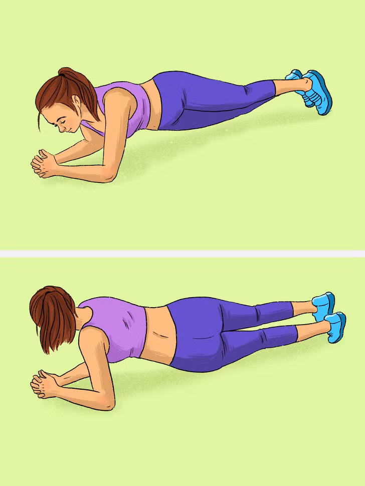 Plank vặn hông: Bài tập này rất tốt cho cơ bụng, giúp làm giảm mỡ thừa vòng eo hiệu quả. Ở tư thế plank với khuỷu tay chống xuống đất, hai lòng bàn tay nắm lại, vặn nghiêng người sang hai bên lần lượt mỗi bên 20 lần.