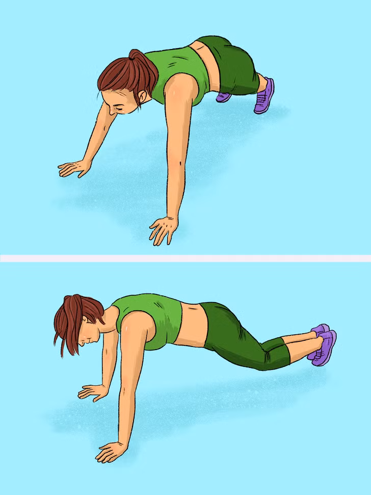 Plank bật chụm chân: Động tác này giúp làm săn chắc cơ bụng, mông, hông và bắp chân. Ở tư thế plank với hai chân rộng bằng một vai, dùng cơ bụng và chân bật nhảy, đưa hai chân chụm lại. Lặp lại 20 lần.