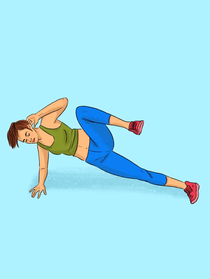 Plank nghiêng rút gối: Có tác dụng tương tự động tác trước, cộng thêm việc làm săn chắc vòng ba.Giữ nguyên tư thế ở động tác trước, thực hiện rút gối thay vì đá chân. Lặp lại động tác mỗi bên 20 lần. 