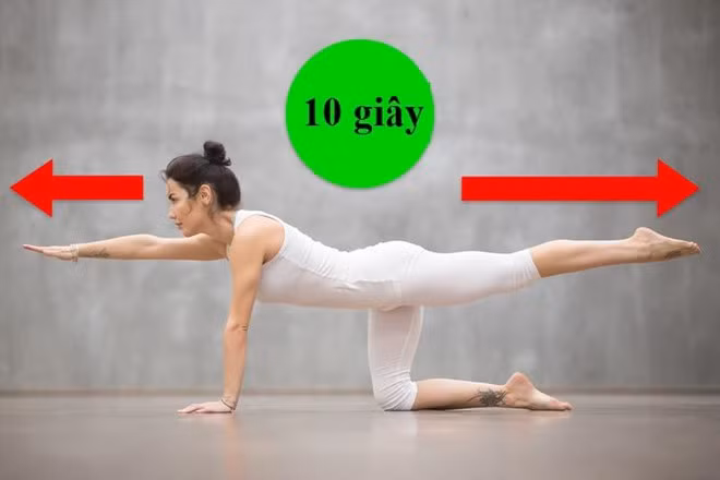 Tư thế chim - chó: Bài tập này giúp giảm đau lưng, tăng cường cơ cốt lõi và cải thiện tư thế. Cách thực hiện: Quỳ gối và chống tay trên thảm, lưng thẳng. Ngẩng cao đầu, nâng tay phải và chân trái lên cao, song song với sàn nhà. Giữ tư thế trong 10 giây rồi trở lại vị trí ban đầu, lặp lại với tay trái và chân phải. Thực hiện 10-15 lần cho mỗi bên.