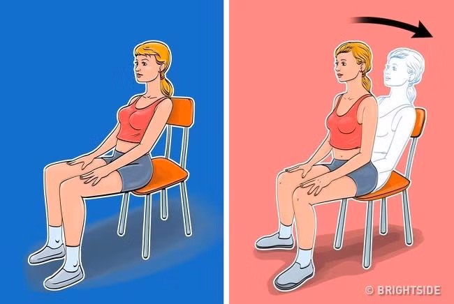 Khởi động: Đây là động tác khởi đầu giúp làm nóng cơ bắp trong 5 phút. Cách thực hiện: Ngồi ở mép ghế, đặt hai tay lên đầu gối. Từ từ ngửa người ra sau và chạm lưng vào ghế, chú ý giữ lưng thẳng. Sau đó, nhẹ nhàng trở lại vị trí ban đầu. Lặp lại động tác này từ 10-12 lần.
