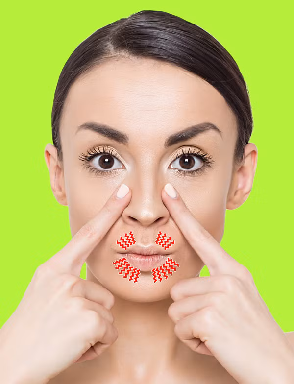 Chu miệng nhẹ, dùng hai ngón trỏ ấn lên vùng dọc sống mũi 20 lần.