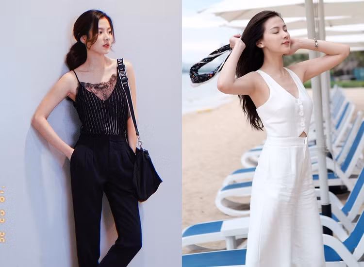 Những chiếc áo hai dây hay jumpsuit sang chảnh thường xuyên xuất hiện trong tủ đồ của nữ diễn viên "Chiếc lá cuốn bay".
