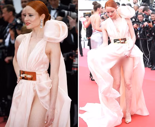 Người mẫu Đức Barbara Meier gặp phải sự cố lộ nội y trên thảm đỏ Cannes.