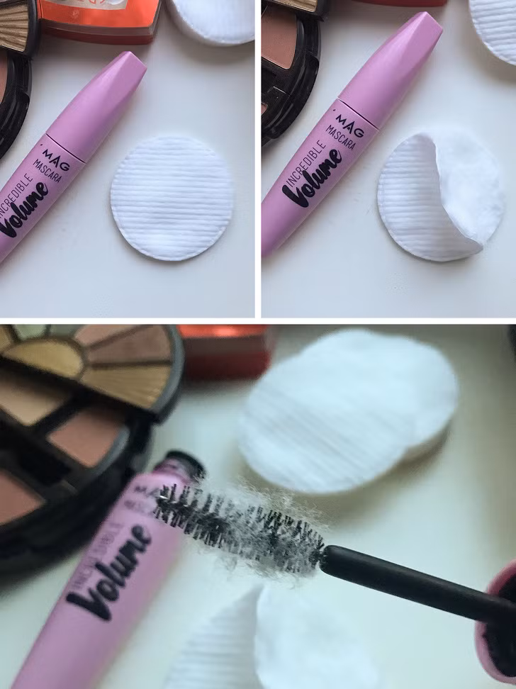 Làm dày mi: Sau khi chải một lớp mascara lên mi mắt, bạn có thể cọ nhẹ lược chải vào miếng bông cotton và chuốt thêm một lớp nữa lên mi. Cách này giúp mi trông dày hơn.