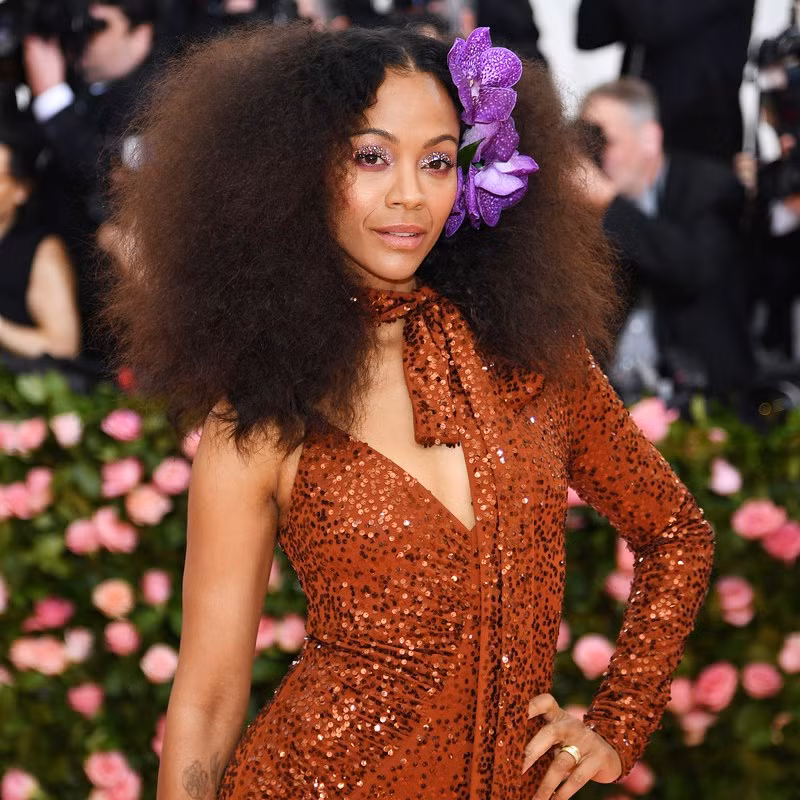 Zoe Saldana mang đến hình ảnh của một vũ công salsa, với hoa lan cài tóc và phấn mắt nhũ lấp lánh. 