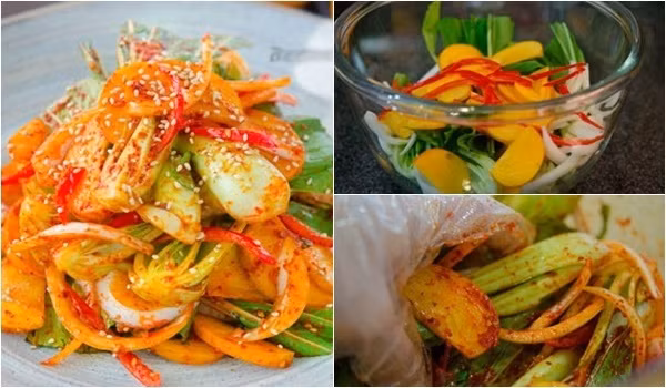 Cách làm gỏi cải thìa trộn hồng giòn như sau: Hồng cắt cuống, gọt vỏ, đem ngâm vào bát nước muối 7 phút rồi vớt ra, thái lát mỏng. Rau cải thìa rửa sạch, đem cắt bỏ hết phần lá, chẻ rau cải thìa làm 3 hoặc 4 để cải dễ ngấm gia vị. Thái chỉ ớt sừng, thái mỏng hành tây.