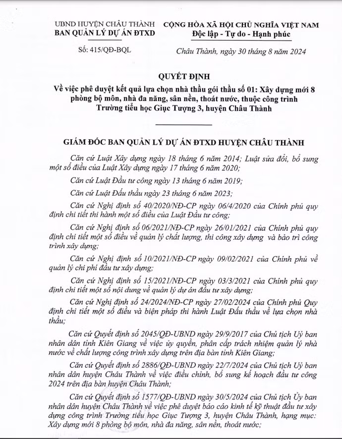 Kien Giang: Goi thau xay dung tai truong Giuc Tuong 3 da co chu