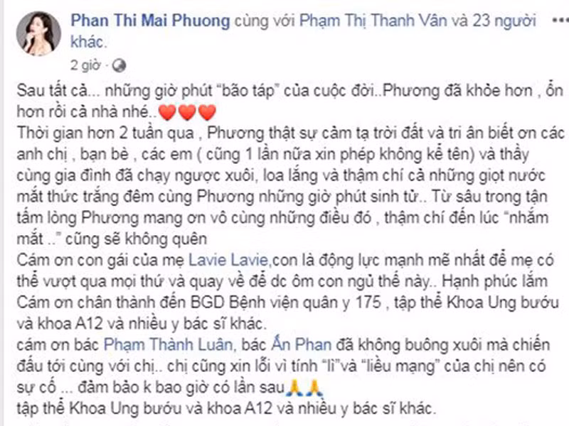 Lên tiếng sau 2 tuần nhập viện, nữ diễn viên gửi lời xin lỗi đến các bác sĩ vì tính lì và liều mạng nên có sự cố. Mai Phương cho biết, cô sẽ cố gắng sống tốt.