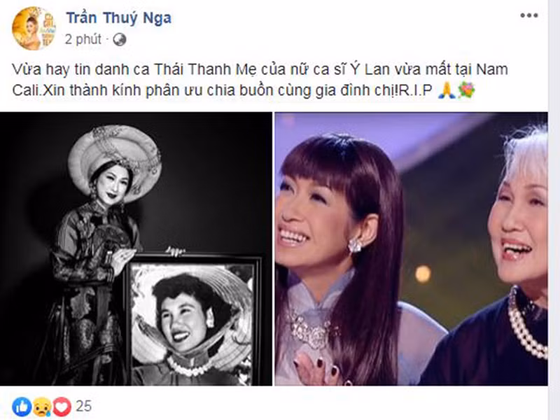 Nghệ sĩ hài Thúy Nga vừa gửi lời chia buồn đến gia đình danh ca Thái Thanh.