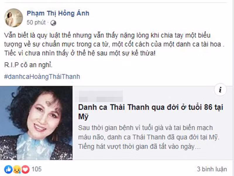 Diễn viên Hồng Ánh chia sẻ, nghệ sĩ Thái Thanh là một biểu tượng về sự chuẩn mực trong ca từ, một cốt cách của danh hài tài hoa.