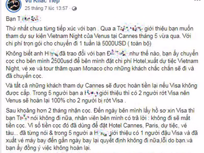 Trước lời tố từ cặp vợ chồng, Khắc Tiệp đáp trả rằng tất cả mọi khách mời dự tiệc chỉ được trả lại tiền cọc nến bị trượt visa. Với trường hợp của cặp vợ chồng kia, cả hai không đi nên bị mất tiền đặt cọc. Sau khi Khắc Tiệp lên tiếng, lùm xùm này cũng lắng xuống.