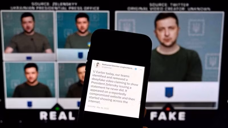 Các video Deepfake có thể được dùng để vu khống, lan truyền thông tin sai lệch hoặc bôi nhọ danh tiếng, gây hậu quả nghiêm trọng về chính trị, xã hội và kinh tế. Một số ví dụ điển hình là các video giả mạo Tổng thống Ukraine Volodymyr Zelensky hoặc tỉ phú Mark Zuckerberg, gây tranh cãi trên mạng xã hội. (Ảnh: Unite.Ai)
