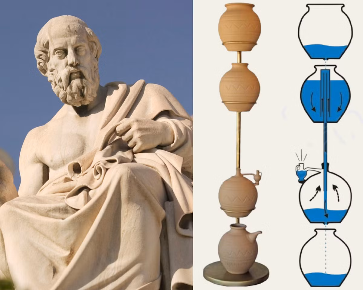 Đồng hồ báo thức của Plato- nhà triết học thời Hy Lạp cổ đại, hoạt động bằng cách sử dụng nước chảy để tạo ra tiếng huýt sáo đánh thức người ngủ. (Ảnh:X)