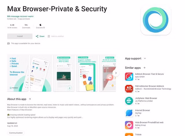 Max Browser chứa mã độc có thể thu thập dữ liệu cá nhân, tải ứng dụng độc hại khác, và đăng ký dịch vụ gian lận. (Ảnh: Nhịp sống thị trường )