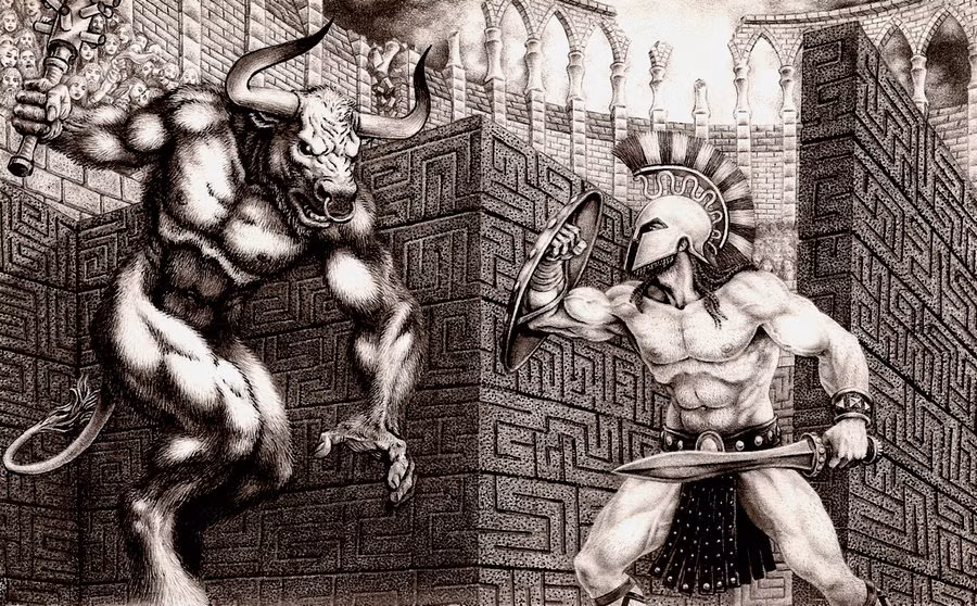 Mặc dù chỉ là người thường nhưng Theseus vô cùng dũng cảm và gan dạ khi một mình đi vào mê cung Daedalus để giết chết Minotaur để trừ hại cho dân chúng.