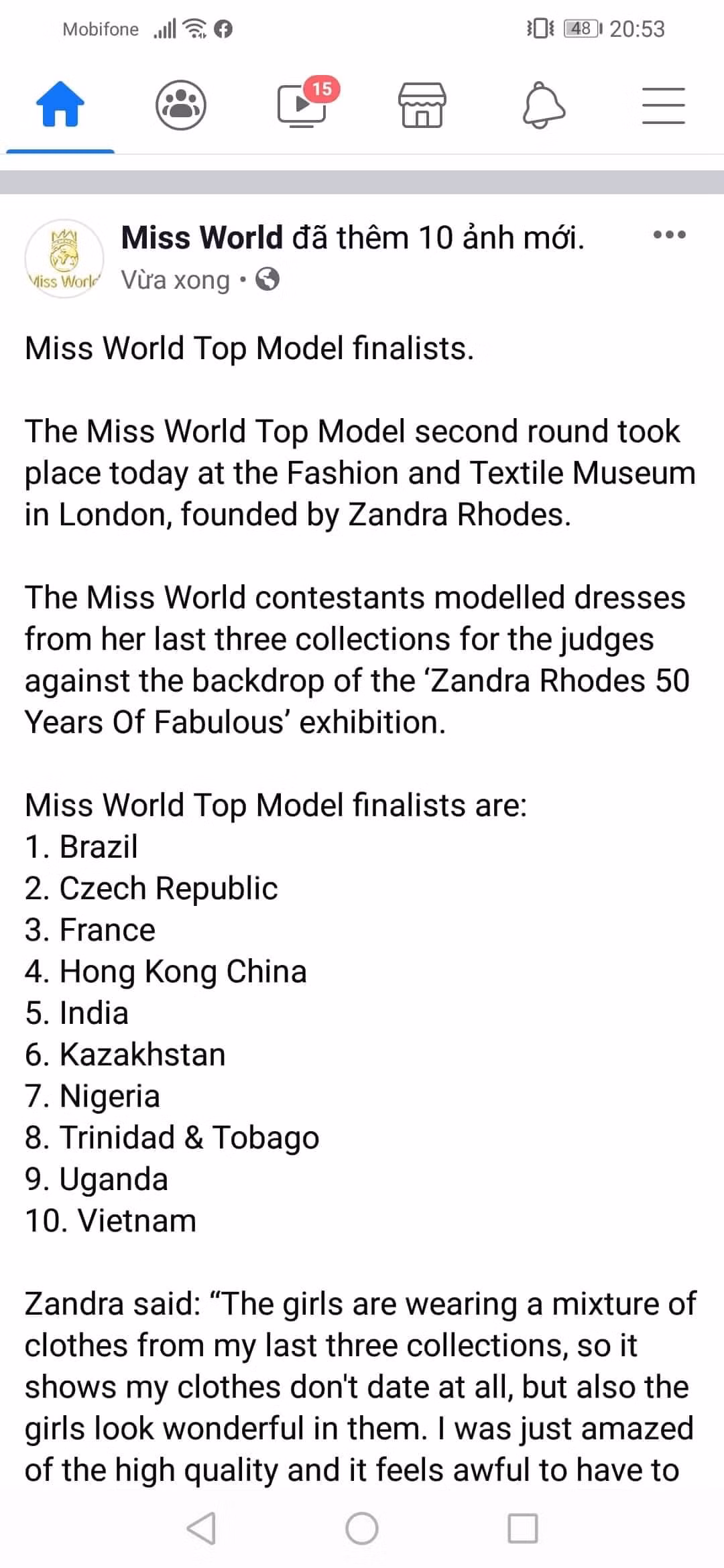 Thông tin này được công bố trên trang chủ Miss World. Đặc biệt, Lương Thùy Linh vinh dự là đại diện duy nhất của Đông Nam Á lọt top.