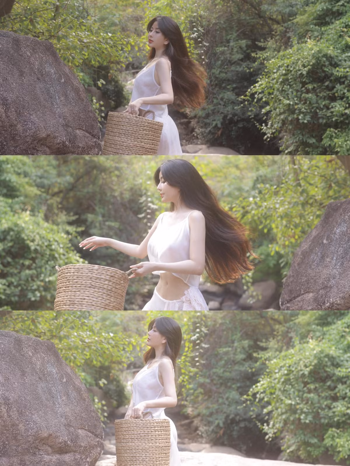 Mới đây, hot girl Võ Ngọc Trân tung loạt hình thời trang theo phong cách lolita. Cô diện trang phục trắng mỏng tang, tạo dáng táo bạo giữa núi rừng.