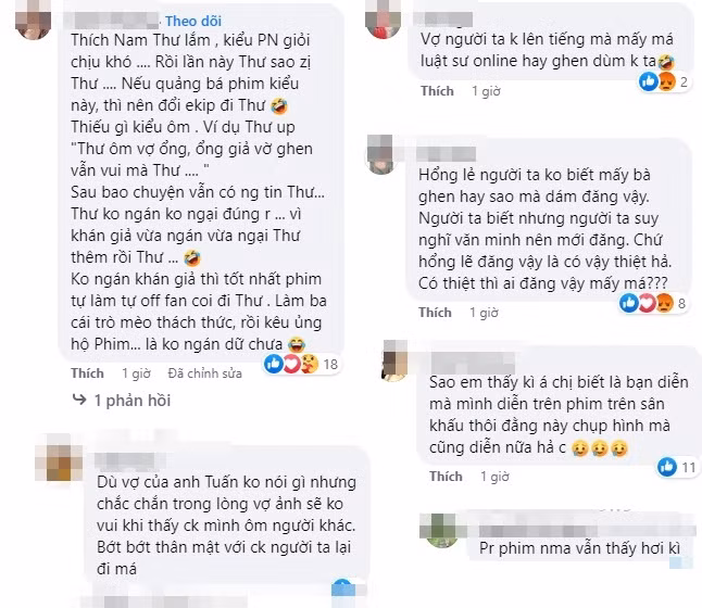 Theo chia sẻ của kiều nữ làng hài thì cô và Quang Tuấn đang hợp tác chung một dự án phim. Ở phần bình luận, Nam Thư viết: "Chồng em em ôm". Hành động của nữ diễn viên khiến không ít khán giả nữ bày tỏ sự khó hiểu, bức xúc thay cho Linh Phi - bà xã của Quang Tuấn. Số khác còn cho rằng nữ diễn viên đang mượn hình ảnh để "PR" cho phim mới.
