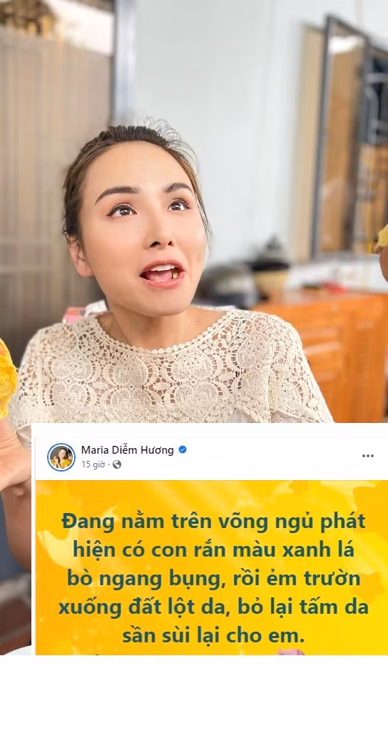 Trên trang cá nhân của mình, Hoa hậu Diễm Hương khiến fan lo lắng khi người đẹp chia lại khoảnh khắc "hú hồn" mới trải qua. Theo đó, khi đang nằm ngủ trên võng, nàng hậu phát hiện có con rắn màu xanh lá bò ngang bụng, rồi nó trườn xuống đất lột da và bỏ lại tấm da sần sùi.