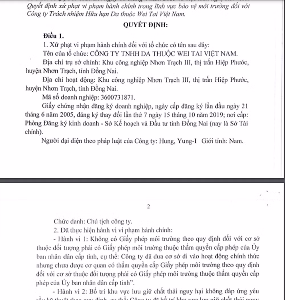 Ai dung sau Cong ty Wei Tai Viet Nam vi pham moi truong?
