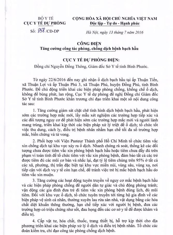 Bộ Y tế thông báo khẩn về dịch bệnh bạch hầu Bo Y te thong bao khan ve dich benh bach hau