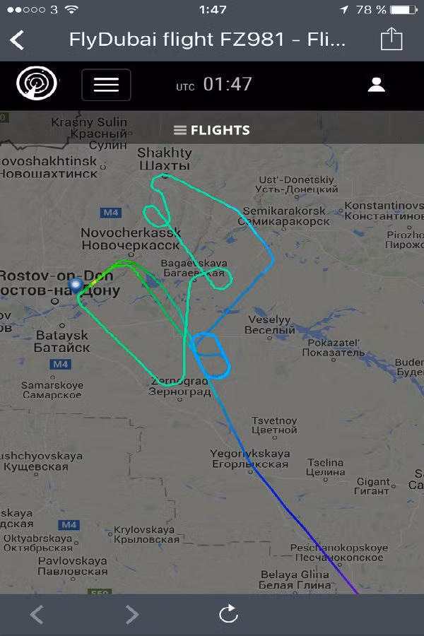 Đường bay của chuyến bay FZ891 thuộc hãng hàng không FlyDubai. Ảnh: Flight Radar Đường bay của chuyến bay FZ891. Ảnh: Flight Radar