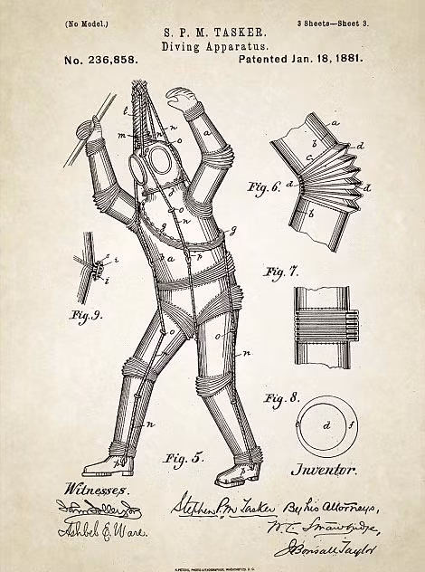 Bằng sáng chế cấp năm 1880 cho thiết kế bộ đồ lặn bằng kim loại của Stephen M Tasker.