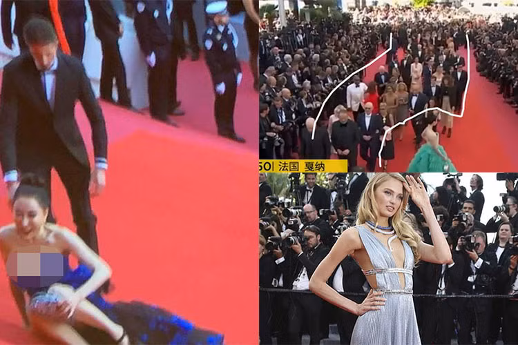 Một trong những thảm đỏ diễn ra nhiều trường hợp làm lố nhất là Cannes. Vào mỗi mùa giải, những nghệ sĩ vô danh đều cố chiếm spotlight bằng mọi cách từ ăn mặc hở hang, chây ì trên thảm đỏ, giả vờ té ngã đến mạo danh sao hạng A. Ảnh: Người lao động