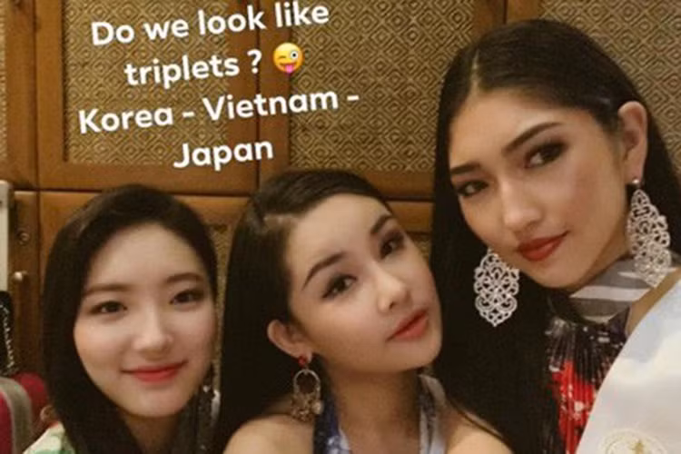 Ngân Anh vui vẻ chụp ảnh cùng người đẹp Hàn Quốc và Nhật Bản cùng dòng chú thích bày tỏ cả ba giống như chị em sinh ba.