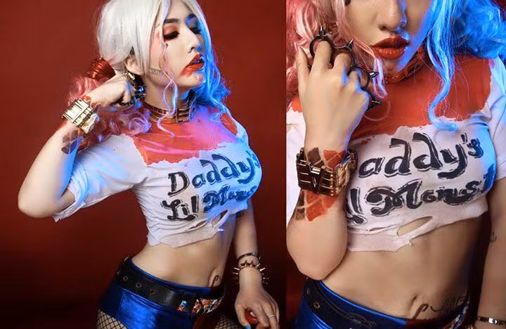 Theo tìm hiểu, cô người mẫu hóa thân thành Harley Quinn tên thật là Hoàng Mỹ Duyên, một cô nàng 9X có nhiều năng khiếu, tiềm năng nghệ thuật đến từ TP HCM. Hoàng Mỹ Duyên hợp tác với ekip nhiếp ảnh gia LEO Đình Bảo, Makeup Lê Đào Anh Duy để cùng tạo ra bộ ảnh cosplay vô cùng chất lượng, được đánh giá là siêu giống phiên bản gốc này. Ảnh: Dương Đình Bảo.