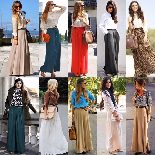 Chân váy maxi (maxi skirt) nên diện cùng đôi giày cao gót hoặc giày platform (tức giày có phần mũi cũng được độn cao). Ảnh Style Wile.