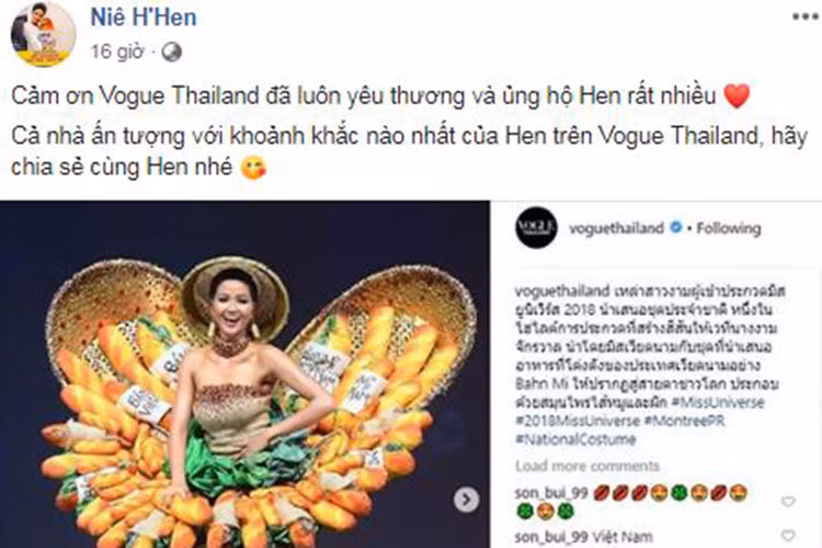 Truyền thông Thái Lan tỏ ra khá ưu ái H'hen Niê. Mới đây, tờ Vogue Thái đăng tải hình ảnh bộ quốc phục "Bánh Mì" của đại diện Việt Nam.